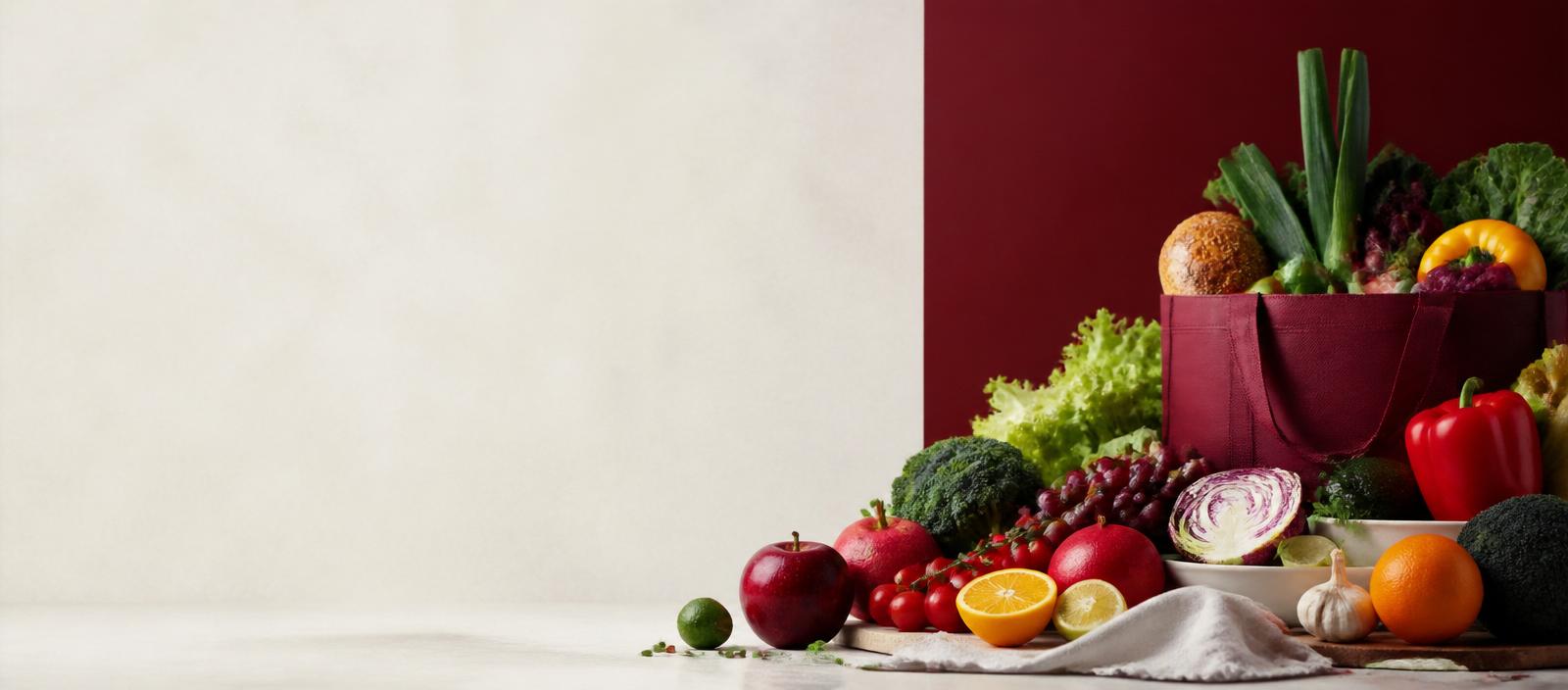 Fresh fruits and vegetables in a burgundy shopping bag